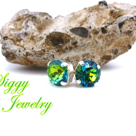 Green Sphinx Solitaire Crystal Earrings, 10mm (45ss) Drops or Studs, Iridescent - Picture 6 of 8